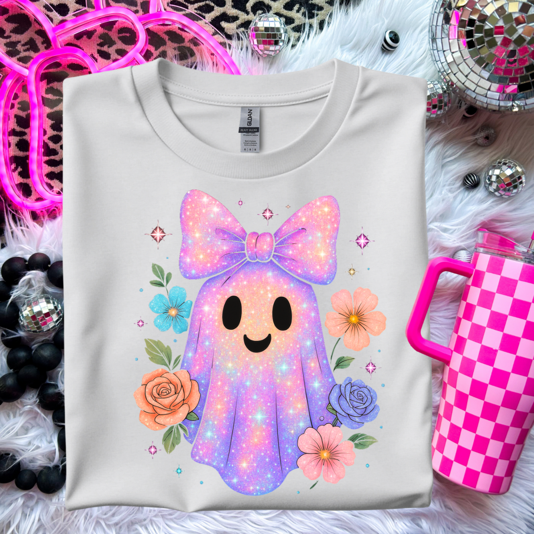 Sparkly Ghost T-Shirt with Floral Accents