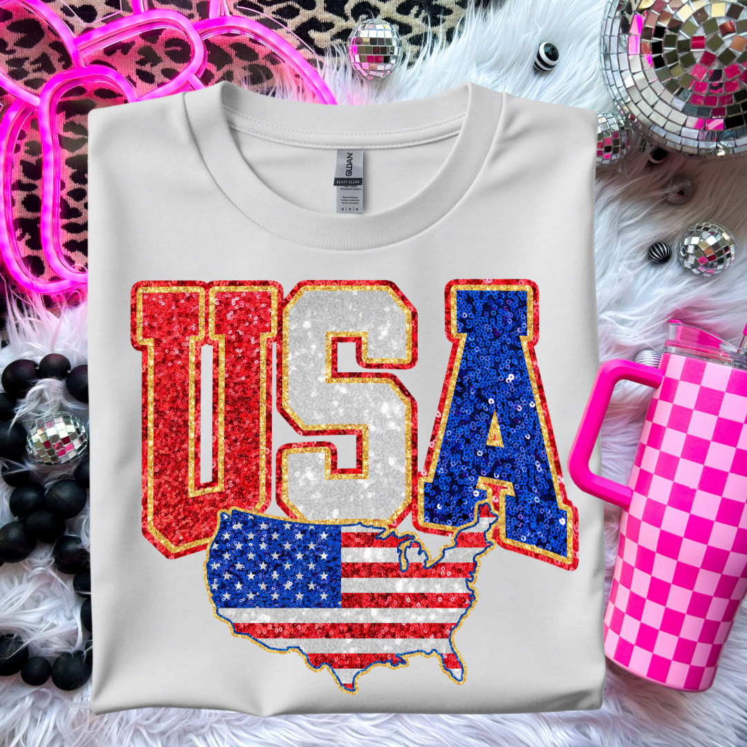4th of July, Independence Tee, USA Faux Glitter