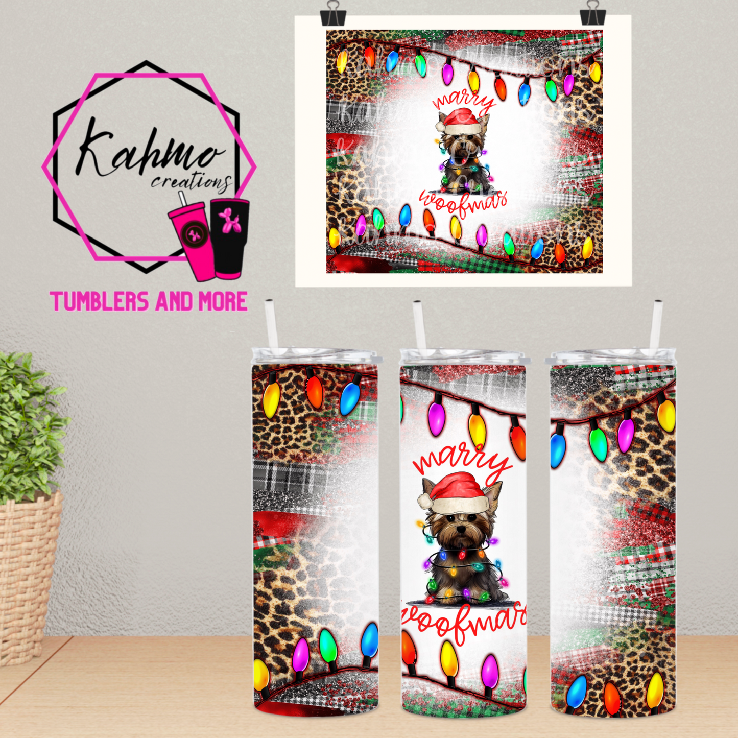 Yorkie Merry Christmas, Merry Woofmas Skinny Tumbler (20 oz.)