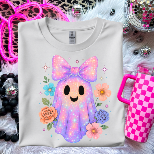 Sparkly Ghost T-Shirt with Floral Accents