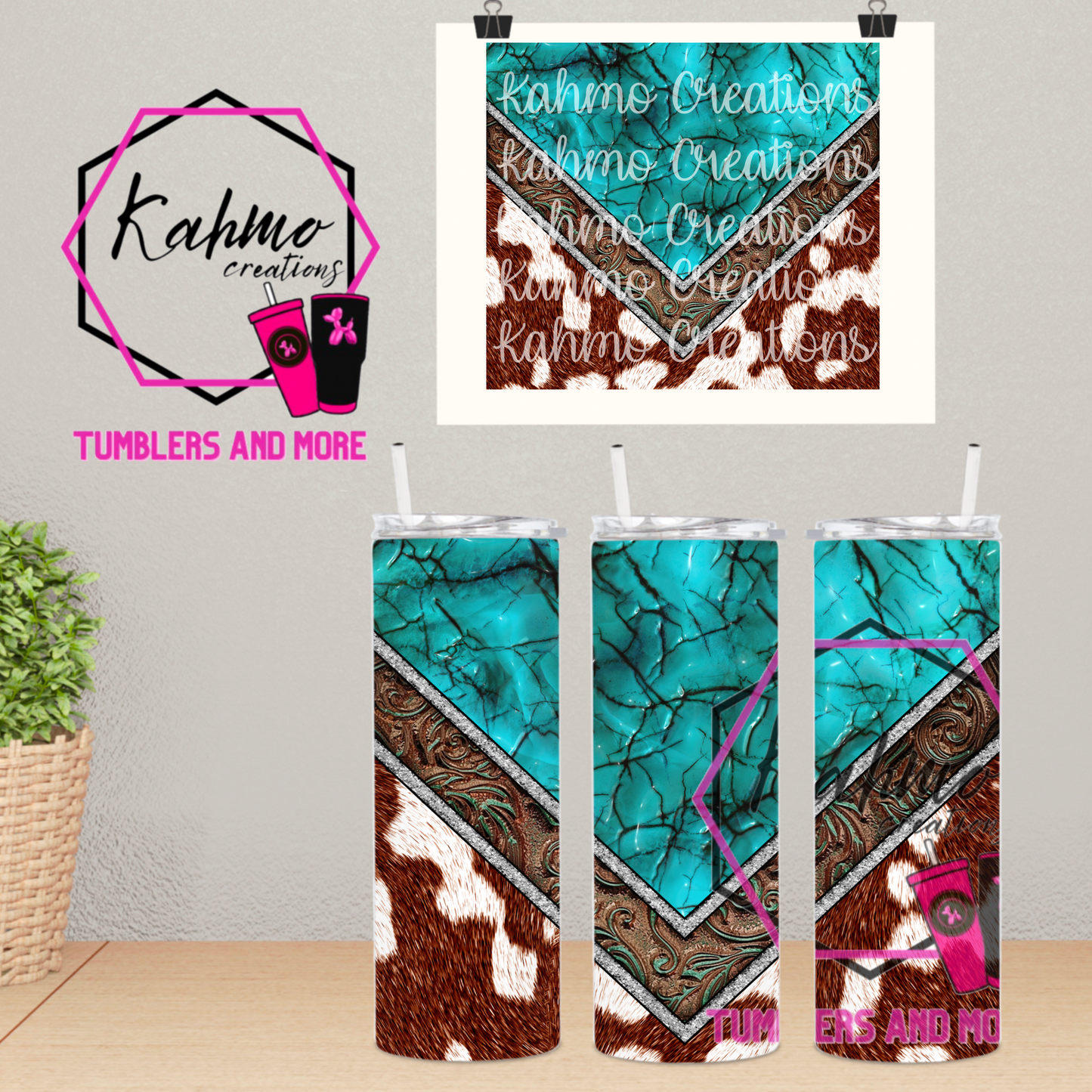 Turquoise Leather and cowhide tumbler Skinny Tumbler (20 oz.)